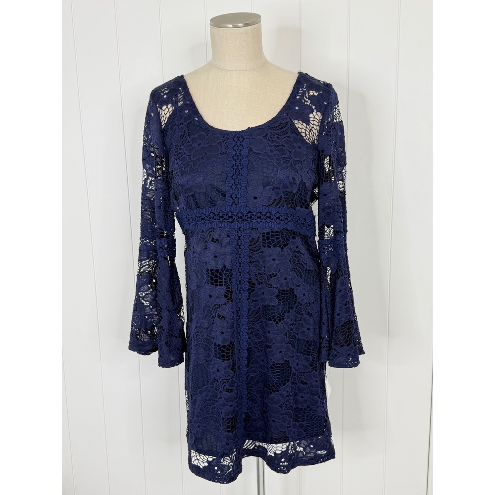 Crystal Doll Navy Blue Floral Lace Bell Sleeve Dress NWT Large Boho Mini